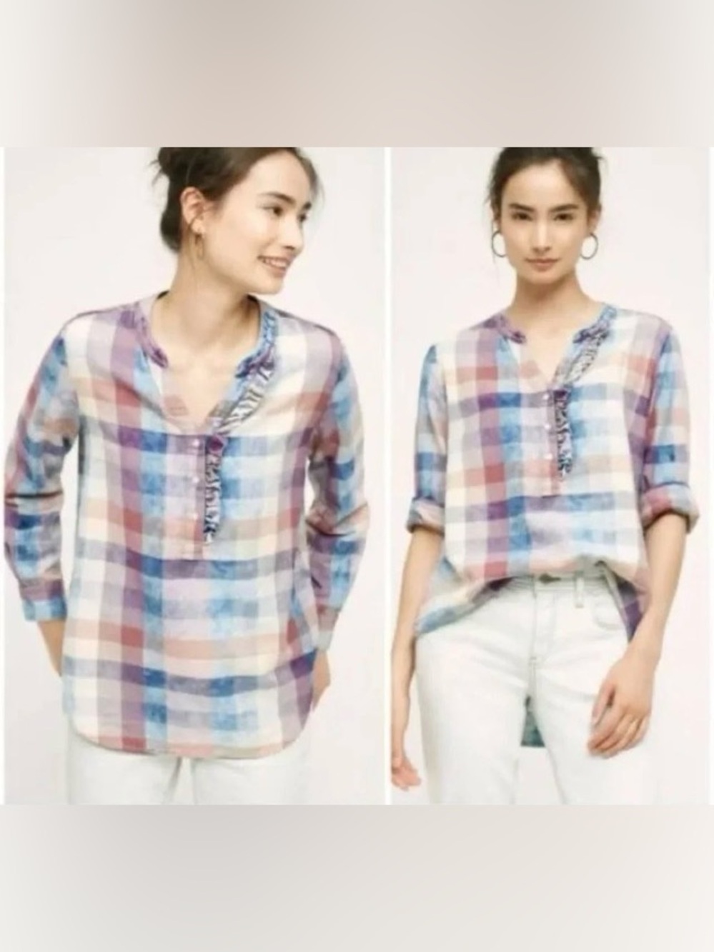 Plaid Ruffle-Trim Long Sleeve Top - Pink/Blue Anthropologie Isabella Sinclair
